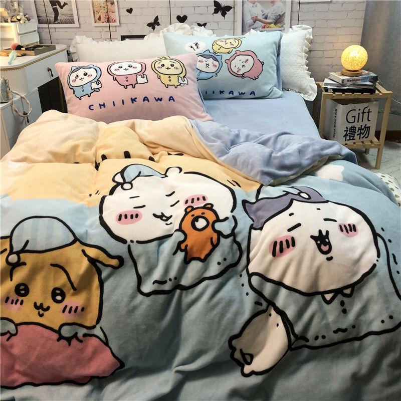 ちいかわ 4 点ベッドセット カートゥーン かわいい chiikawa ちいかわ ミルクベルベット 4 点ベッドセットと冬を暖かく保つベルベット