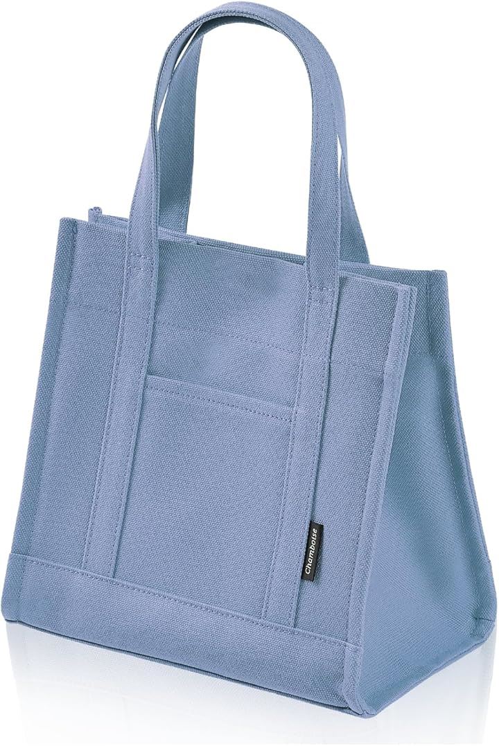 ミニトートバッグ 日本製 自立型 帆布 キャンバス 小さめ ユニセックス ランチバッグ 収納 ギフトにも(ブルー, ミニ)