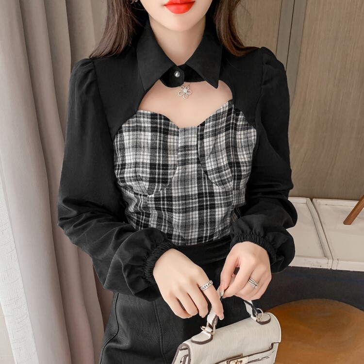 トップス ブラウス ミディアム丈 袖あり 長袖 ボリューム袖 襟付き ポロカラー スリム 肌見せ ツーピース風 かわいい 大人可愛い おしゃれ かっこいい 大人女子 こなれ感 キュート クール