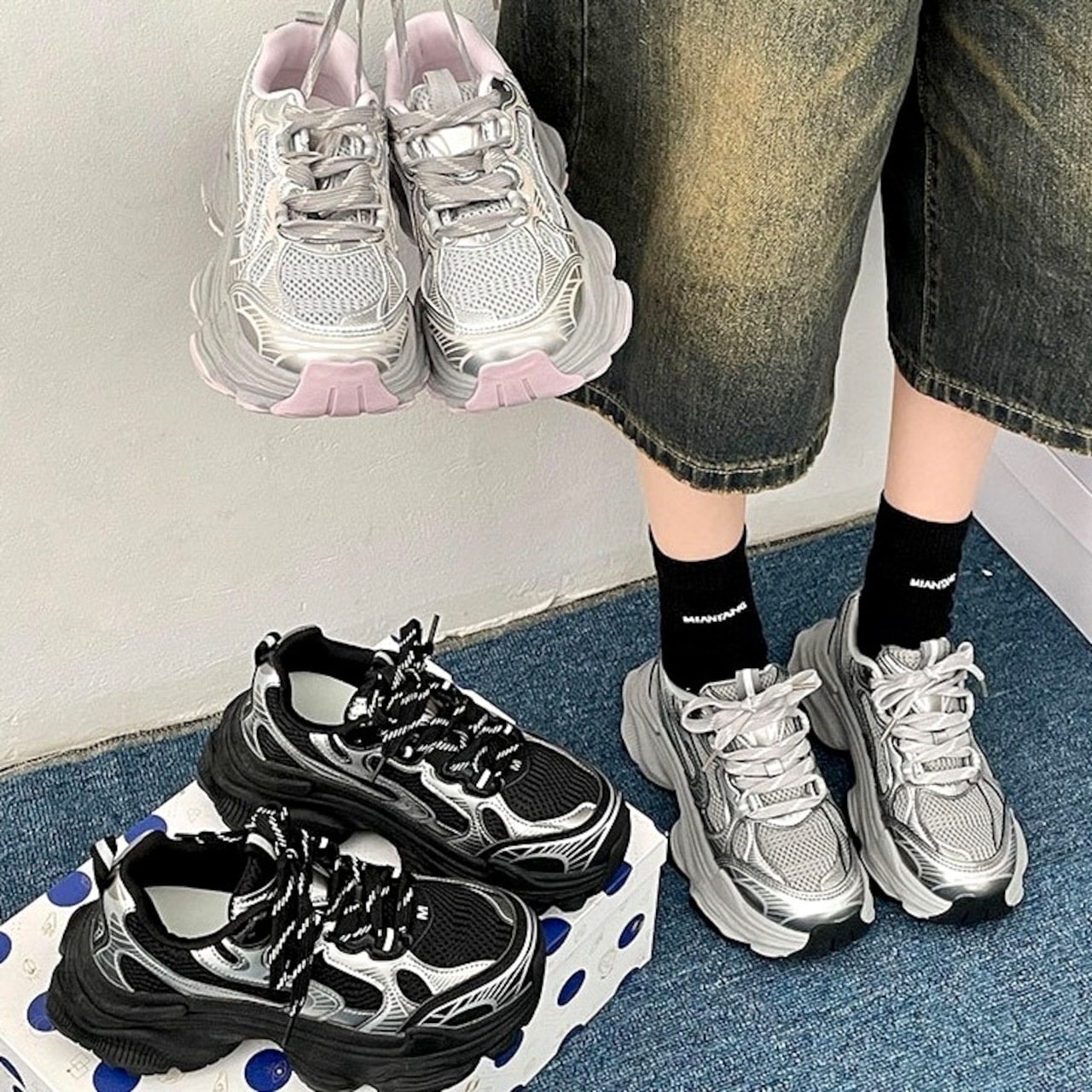 24 好感度UP カジュアル ファッション系 PU 丸トゥ 切り替え スニーカー 韓国っぽ シューズ 靴