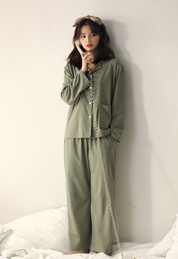 ルームウェアパジャマ可愛い 前開き 無地 エレガント かわいい 冬 部屋着 レディース 夏 寝巻き シンプル 緑 長袖 パジャマ おしゃれ 春 上下セット 綿100％ 秋 ルームウェア 誕生日 韓国