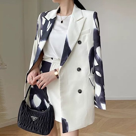 【取寄：納期2週間】ジャケット テーラードジャケット ロング丈 マダラ模様 アウター 羽織り 個性的 レディース