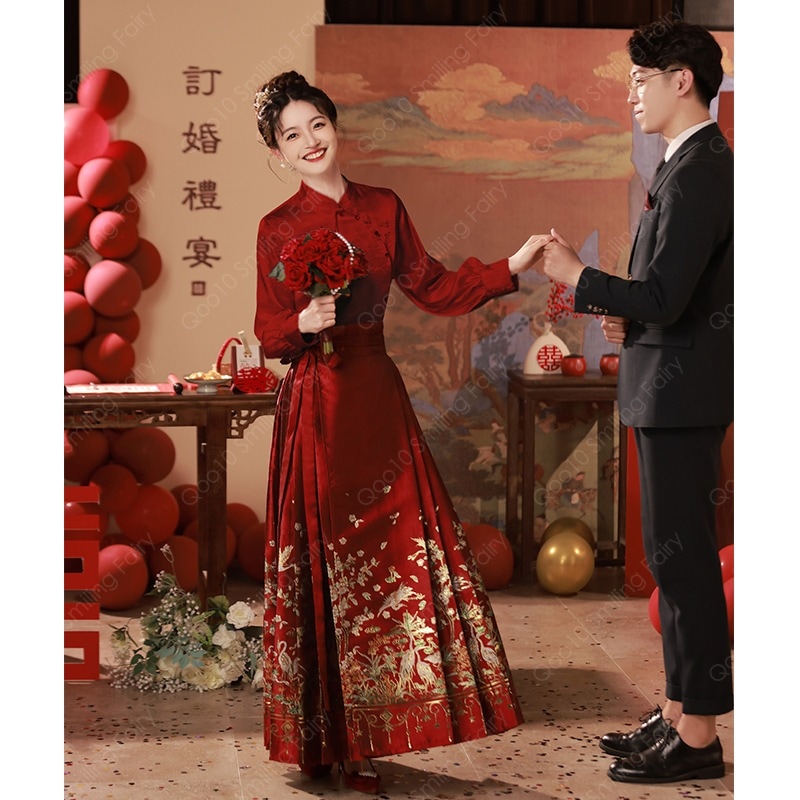 【最安値挑戦】 【期間限定】中国式チャイナドレスの敬酒服2023新婦の赤い国風スカートの漢服セット結婚婚約ドレス-76