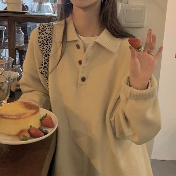 トップス セーター 長袖 襟付き プルオーバー ミディアム丈 ハーフボタン かわいい 大人可愛い きれいめ シンプル 上品 おしゃれ かっこいい カジュアル こなれ感 個性的 ルーズ 主役級 存在感