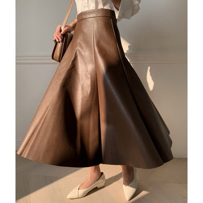 ロング スカート フレア スカート レザー スカート ハイ ウエスト Ａライン タック ミモレ 丈 ミドル丈 オフィス スタイル エレガント スタイル カジュアル スタイル 無地カジュアル lbot0