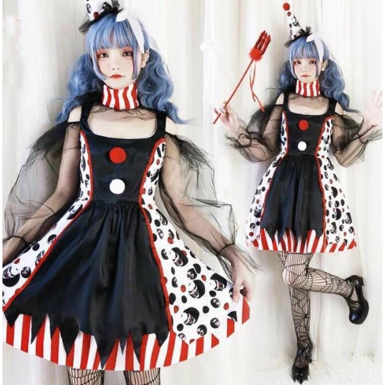 【大人気】ハロウィン ロリータ コスプレ衣装 ピエロ コスプレ 人 レディース お姫系 ピエロ衣装 膝丈ワンピース チュール袖 ネックウェア 髪飾り 帽子 フルセット 可愛