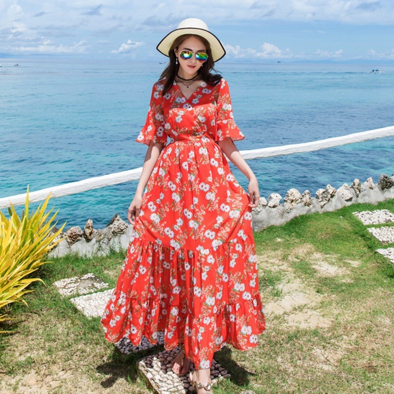 1715. 花柄カシュクールマキシ丈ワンピース（オレンジ）2019 春夏 sale リゾート 海 ビーチ パーティー お呼ばれ 女子会 二次会