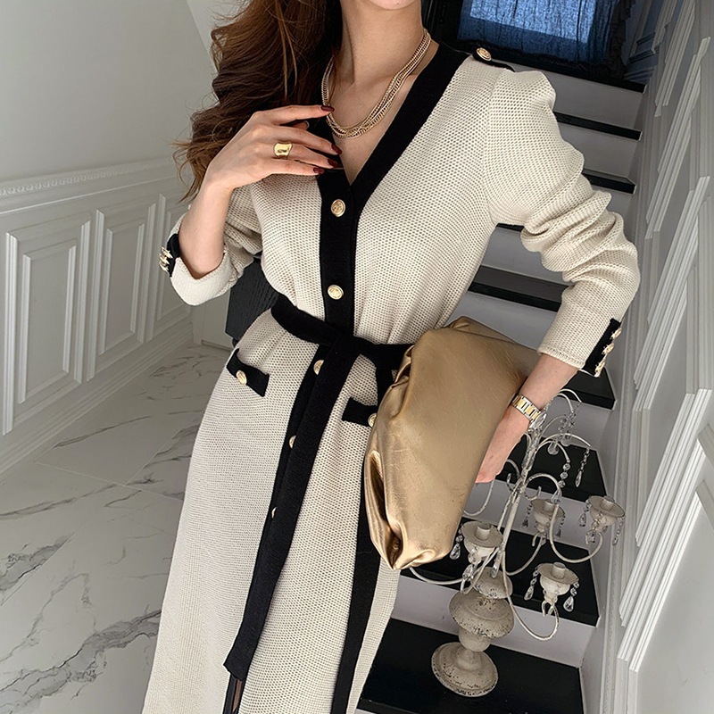 ２色 ロングカーディガン ニット カーディガン 春 秋 かわいい きれいめ カジュアル ひざ丈 ロング 長袖 Vネック スリム タイト 細身 ストレート ベルト ウエストマーク ウエストリボン ポケッ