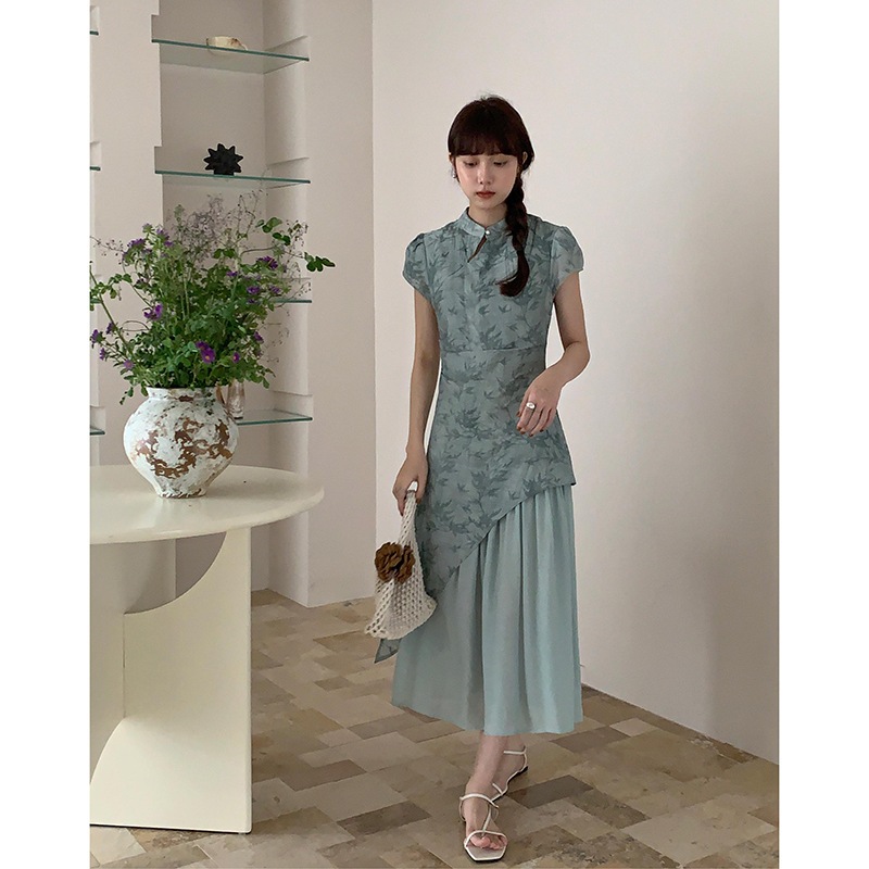 【新シリーズ 静かな茶室】風テンセルスプライシングチャイナドレスサマーミドル丈スカート W032b