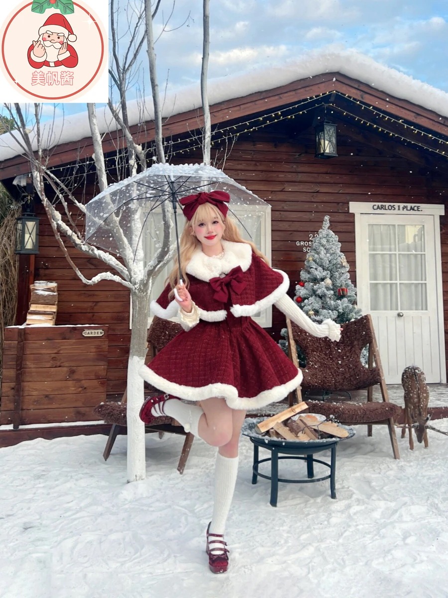 サンタコス クリスマス セット30%までに制限 ロリータ レッド 蝶ネクタイ ポンチョ ジャケット キャミソールドレス