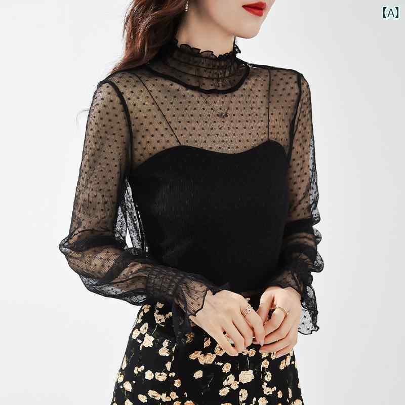 シアートップス レディース 秋 ハーフハイネック 長袖 ベルスリーブ メッシュ 透け感 プルオーバー スリム キャミソール セット おしゃれ 総柄 水玉 黒 白 アプリコット