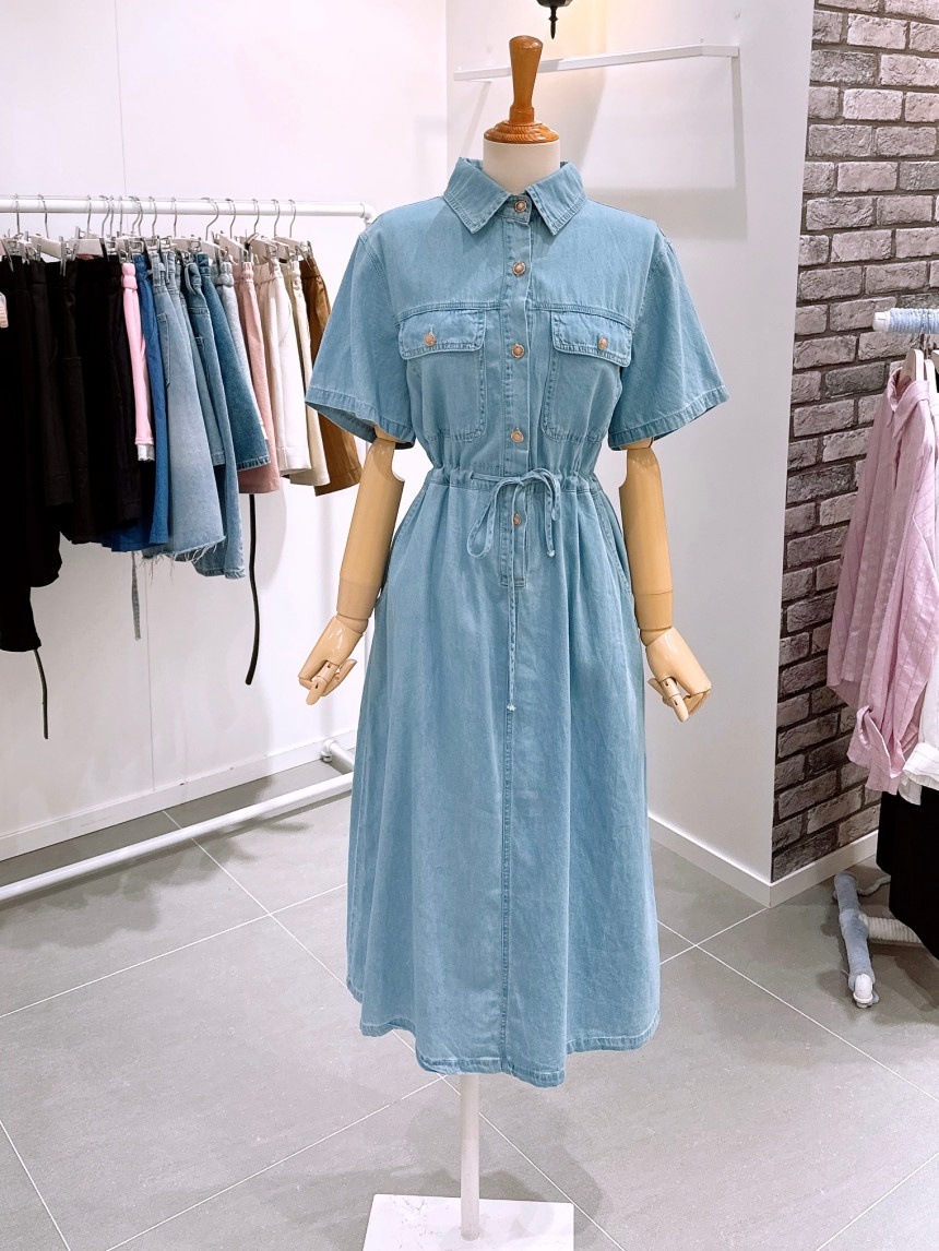 LECCOVE カラーネック 半袖 デニム ワンピース