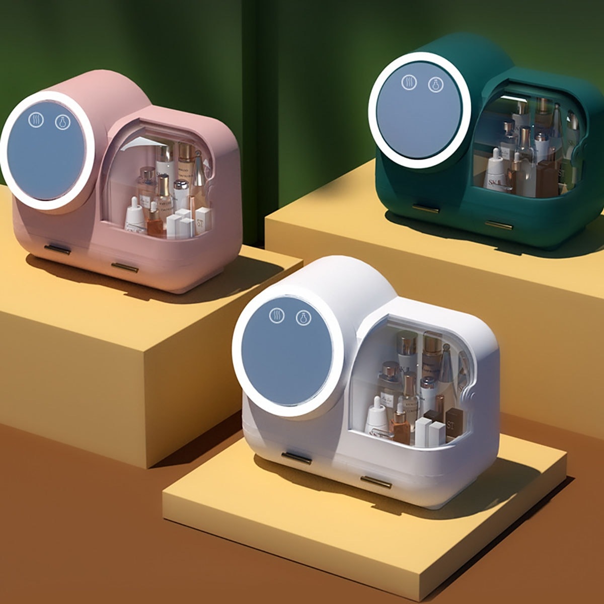 メイクボックス ファン付き LEDライト 化粧品 収納 コスメボックス 蓋付き 女優ミラー 大容量 USB充電 持ち運び便利 クリアカバー 引き出し 分類 防塵