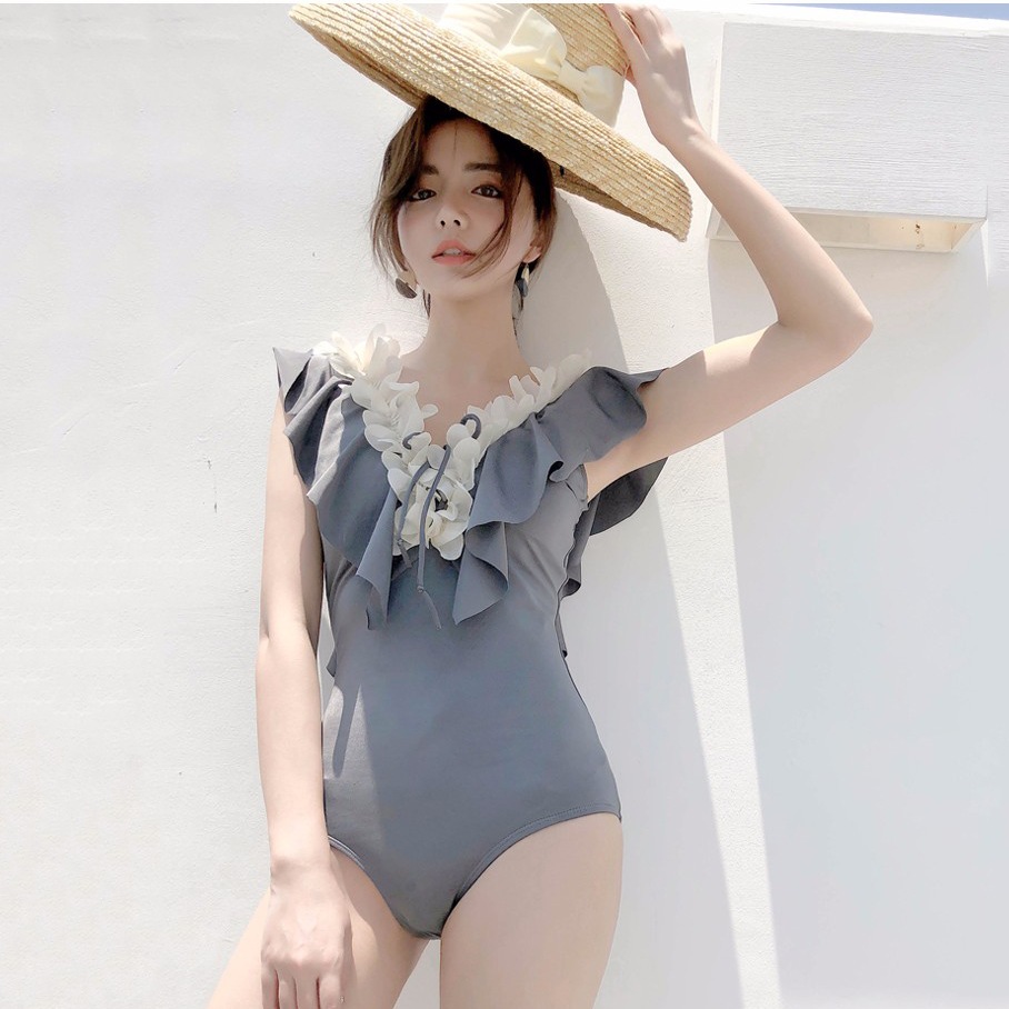 水着 レディース ワンピース グレー バックシャン フリル オールインワン 小胸 ビーチ 女性 ガールズ 中学生 スイムウェア リゾート ミズギ 温泉 海水浴 可愛いコスチューム
