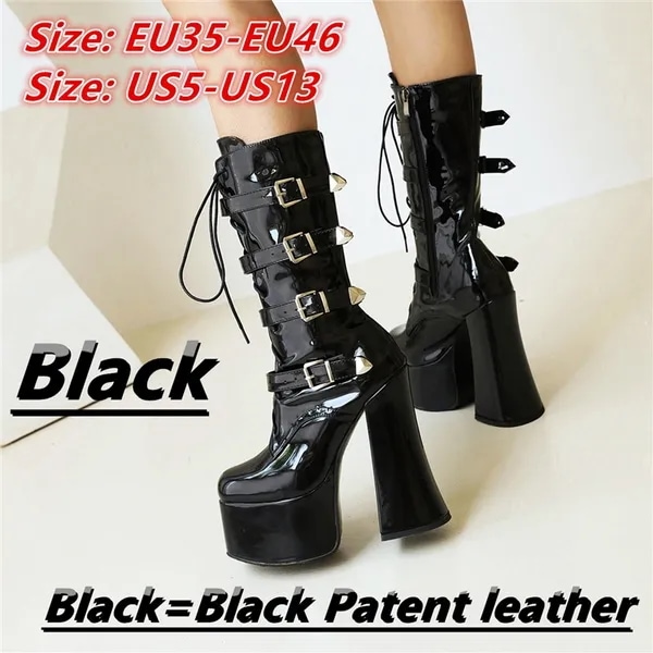 Nice Quality the New Arrival Newest Platform Chunky High Heel Punk Boots Women Buckle Strap Goth Mid