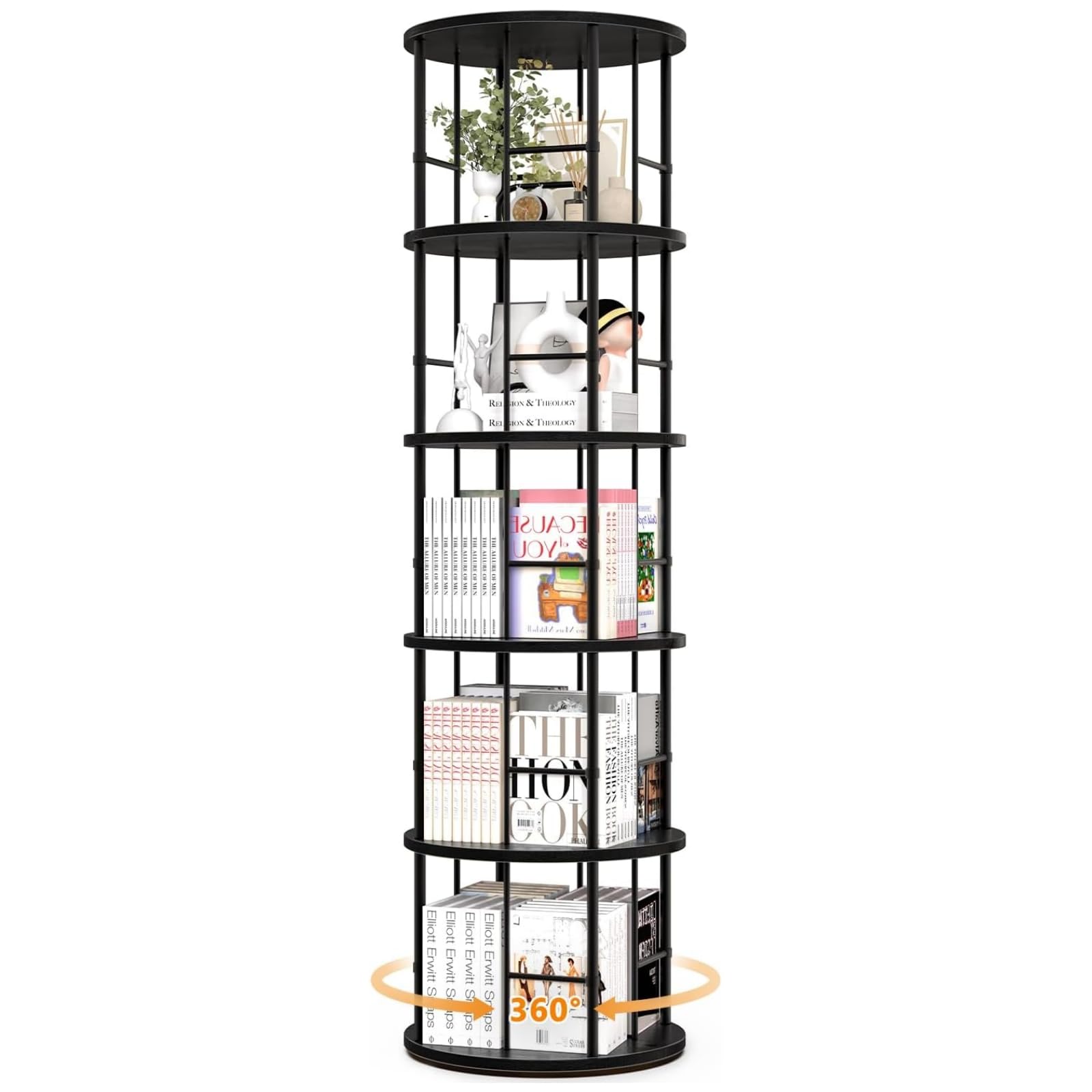 【落下防止設計】回転式本棚 5段 大容量 ブックシェルフ オープン本棚 45奥行き x 45幅 x 160高さcm 多層収納ラック 多機能 省スペース リビング 寝室 オフィス用 漫画 雑誌 教科書