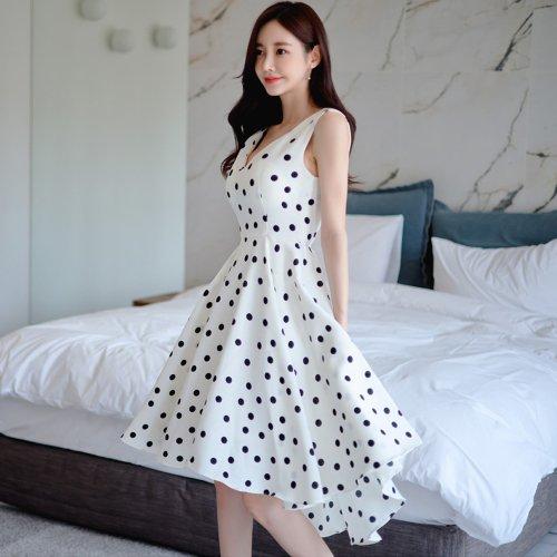 キャバドレス ナイトドレス ミディアムドレス フレア Aライン ノースリーブ ワンピース ドット柄 レディース グラシア