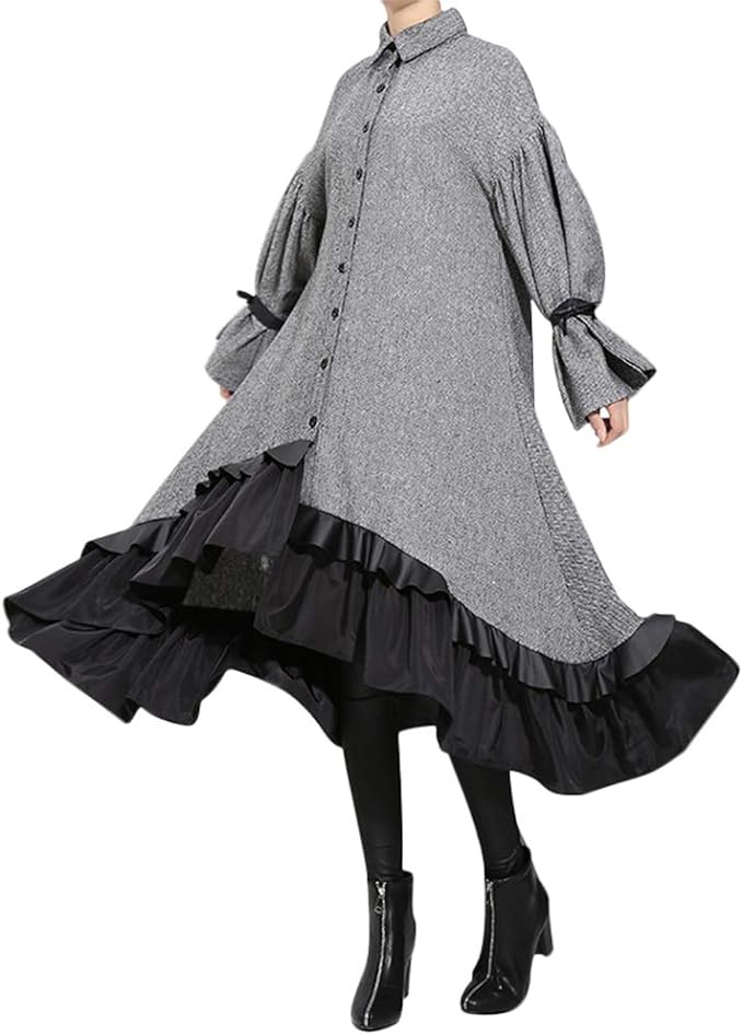 ワンピース レディース 秋冬 シャツ ワンピース Aライン フリル 長袖 ゆったり ロング 着痩せ エレガント