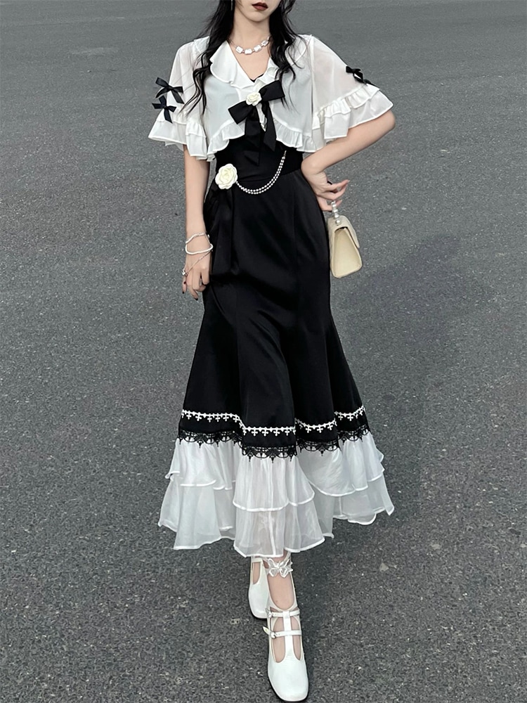 キャミソールスカート カーディガン 2つのセット 高級感 気質 魚の尾 スカート枚 ワンピース やせて見える 半袖 シフォン トップス セット 4,698円