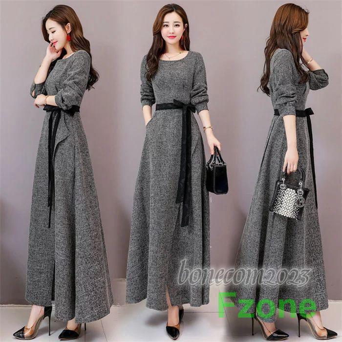 ワンピース 秋冬 きれいめ 長袖 レディース 30代40代 着痩せ フェミニン フォーマル Aライン ベルト付き サイドスリット ワンピ 重ね着 大人 かわいい マキシ丈 9,277円