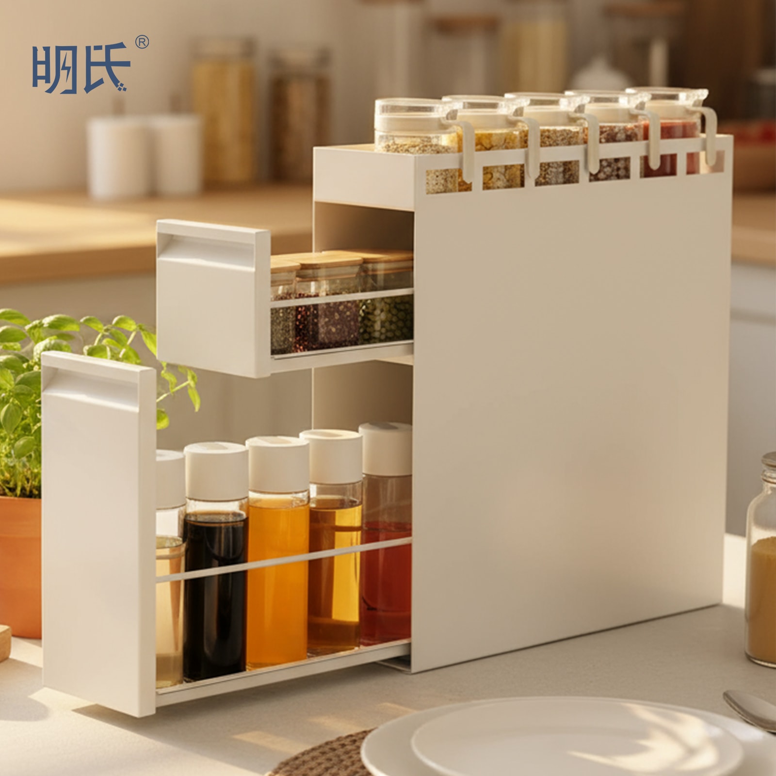 隠せる調味料ラック 2 段 完成品 50.5×52.5×14.5cm 新開発スライドレール ホワイト