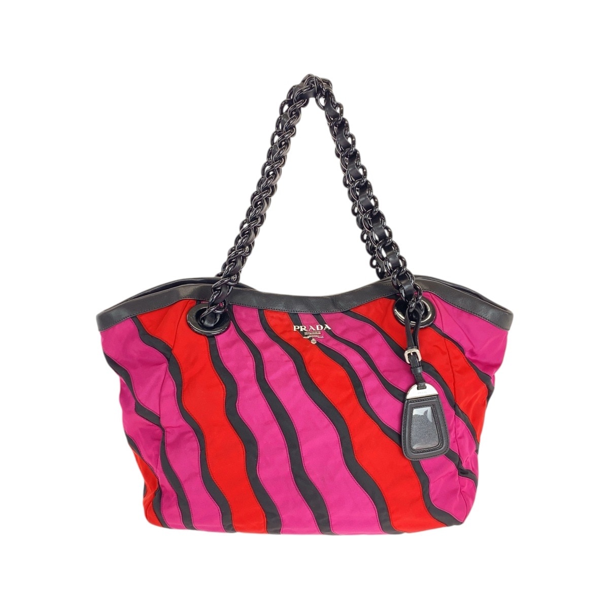 美品 ピンク レッド シルバー金具 ナイロン/レザー/プラスチック トートバッグ ハンドバッグ レディース 500869