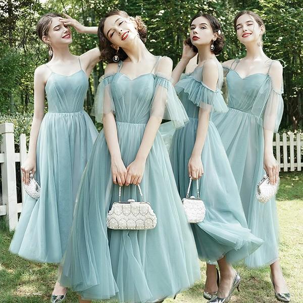 ブライズメイド ドレス ミモレ丈 パーティー 二次会 4タイプ 締め上げ ノースリーブ 肩出し 結婚式 体型カバー フリル 卒業式 成人式 花嫁 ピアノ 発表会 演奏会