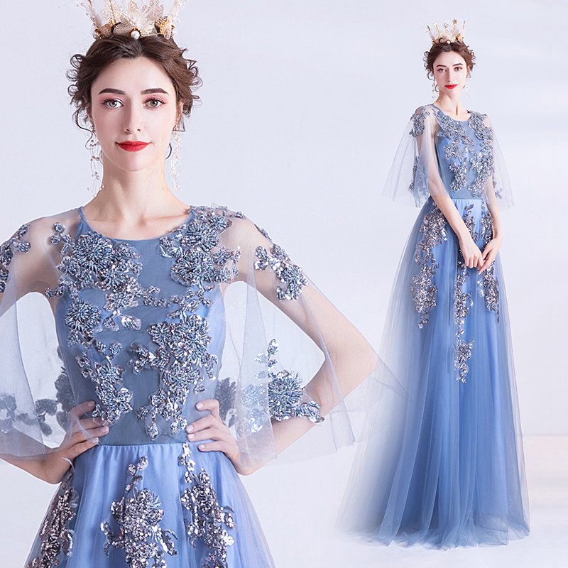 カラードレス ロングドレス 演奏会 発表会 コンサート パーティードレス ウエディングドレス ドルマンスリーブ 結婚式 二次会 ステージ衣装 ブルー ドレス