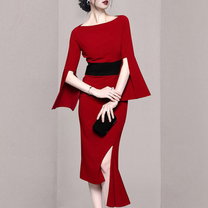 パーティードレス フレアスリーブ アシンメトリーートネック バイカラー 長袖 無地 ミディアム 半袖 ホームパーティーアイテム ミモレ丈 アシンメトリー 謝恩会 結婚式二次会 大人可愛い 上品