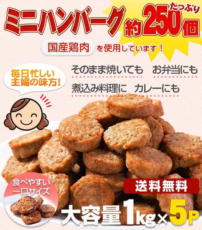 ハンバーグ！メガ盛り約250個　一口サイズのミニハンバーグ(国産鶏使用)1kg5P カレーお弁当 朝食 お惣菜おかずレンジでチン鳥益訳あり