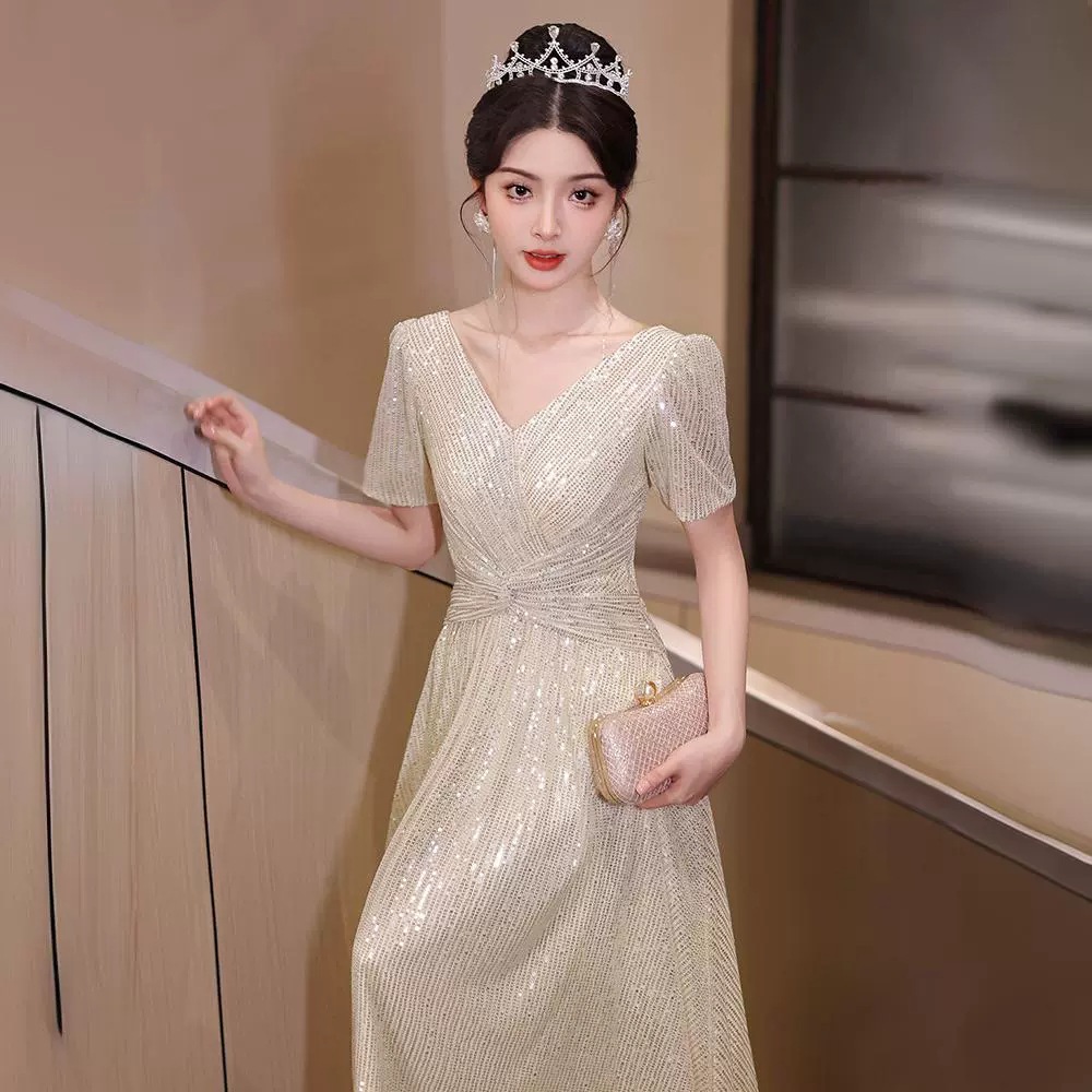 女性のためのシャンパンカラードレス大人のためのスパンコールスパンコールドレス