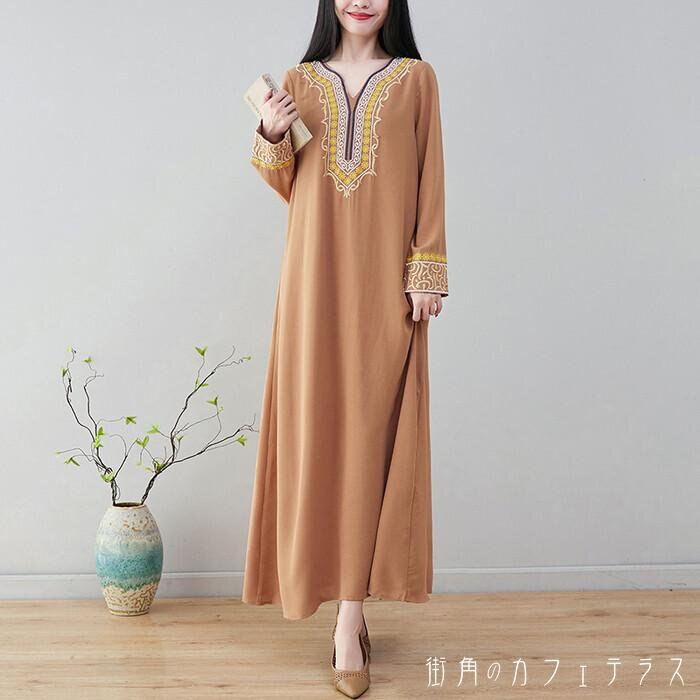 カフタン ワンピース レディース ワンピースドレス ロングワンピース ロング丈 マキシワンピース マキシ丈 長袖 Vネック 深Vネック フレア 刺繍 エスニック ボヘミアン 大人 1