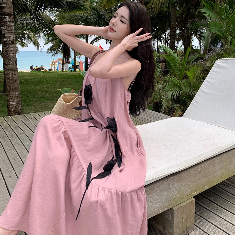 手作り立体チューリップ天糸亜麻リゾート風ストラップスカート夏気質スカートフランスワンピース女性