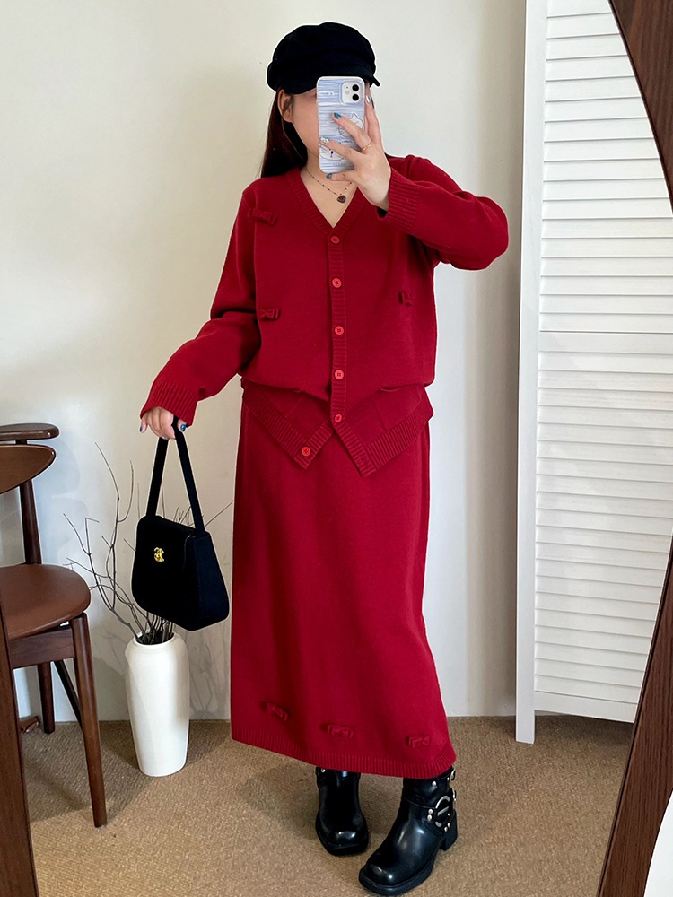 ビッグコード女装気質蝶ネクタイカーディガン女性ハーフスカート2着冬用ニットセット