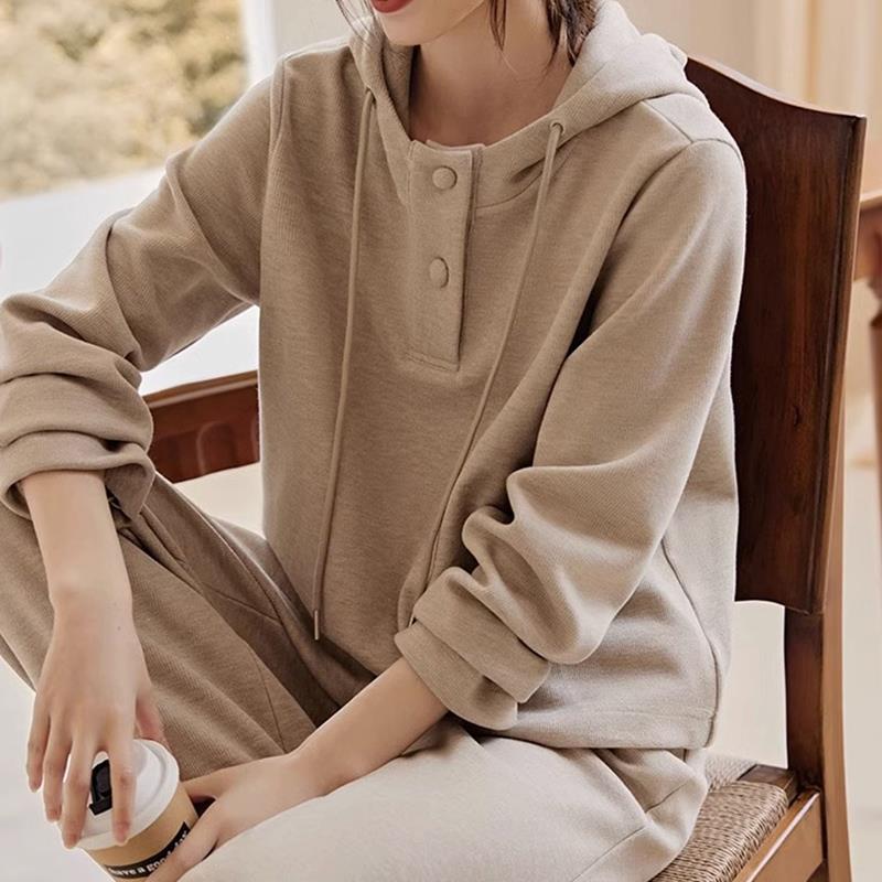 ハイエンドのカスタマイズ-メイラード女性の怠惰なスタイルのスーツ 2025 秋の新ファッションフード付き薄型スウェットシャツ 2 点セット