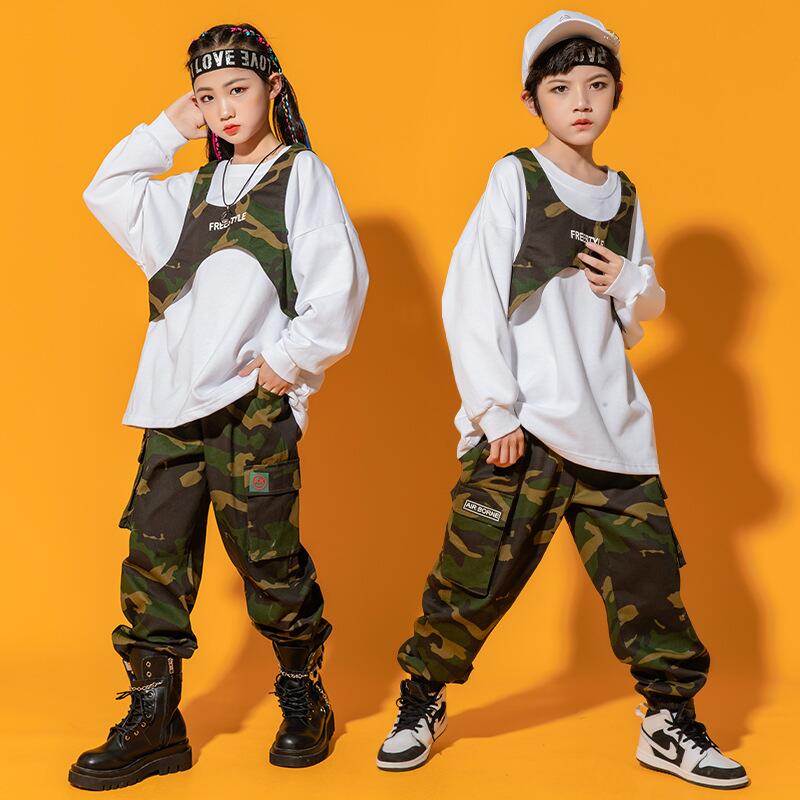 キッズ ダンス衣装 ヒップホップ Tシャツ HIPHP 子供 トップス 長袖 白 ロングパンツ トップス 女の子 迷彩柄パンツ ミリタリースウェット JAZZ DANCE ジャズダンス ボトムス ス