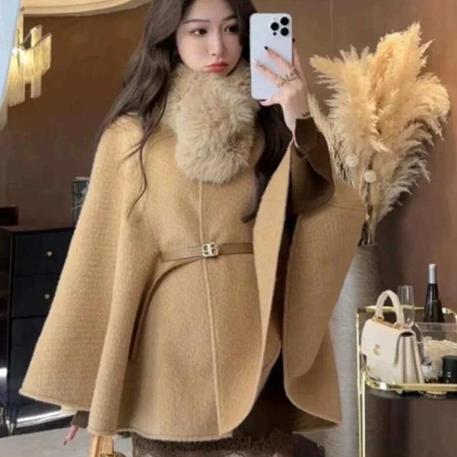 ティペット ベルト付き ポンチョコート アウター ケープコート ファーマフラー Aライン フレア スタイルアップ マント 上品 きれいめ 韓国ガーリー フェミニン オケージョン 大人っぽ 5,742円