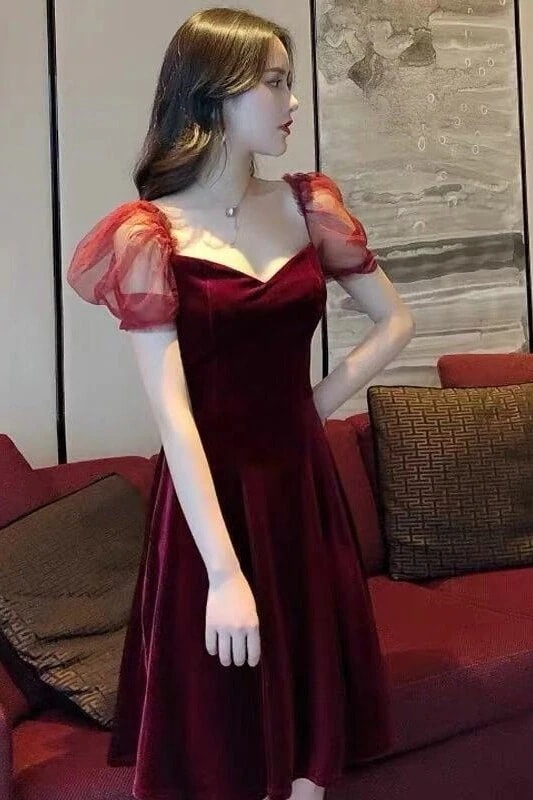 ドレス ワンピース パーティドレス 二次会ドレス l 膝丈ドレス 演奏会ドレス 発表会ドレス Aラインドレス 膝丈 袖あり パフスリーブ Vネック チュール 胸元 谷間魅せ ベルベット シ