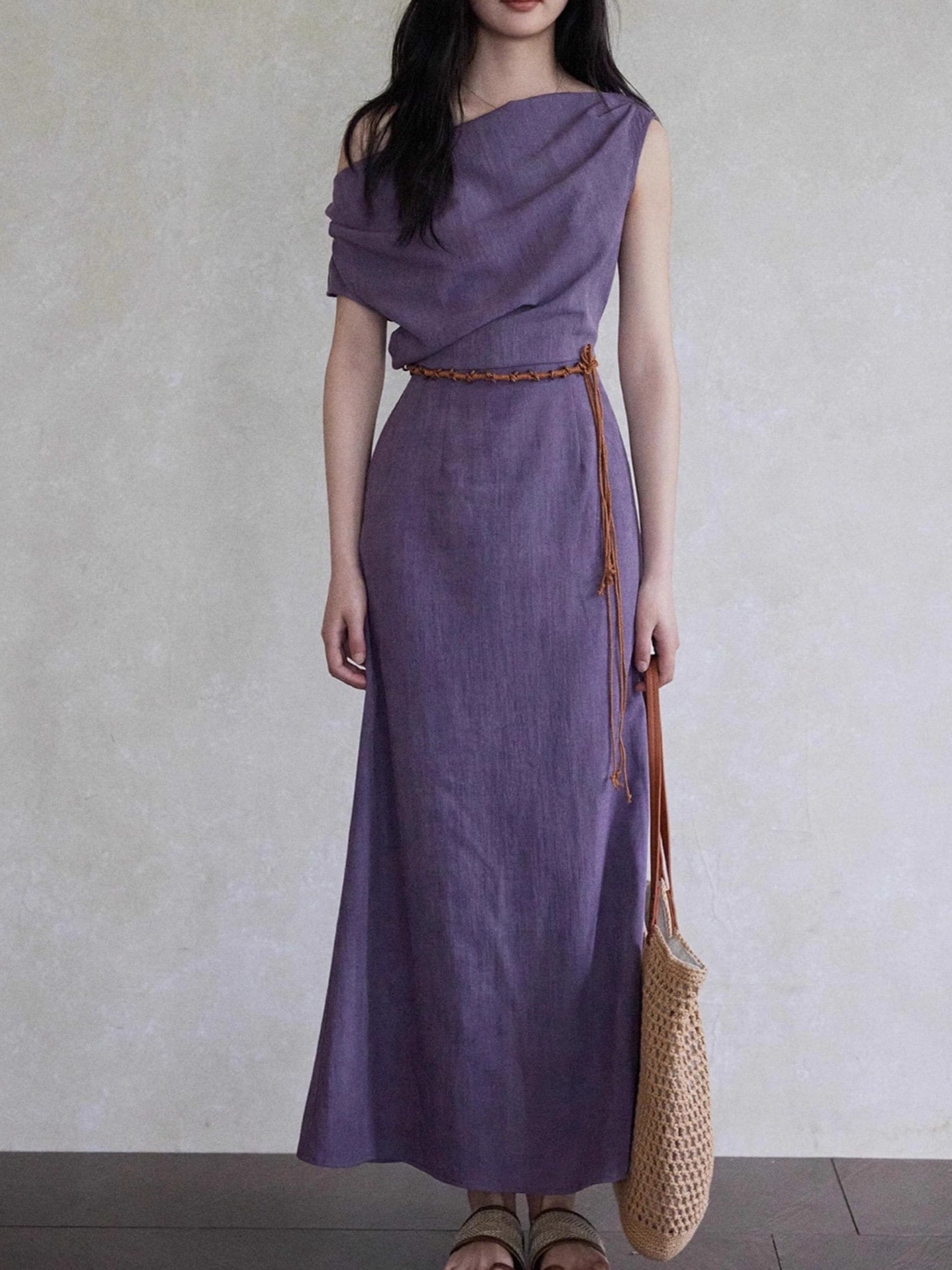 【本日限定】韓国 ワンピース 夏 斜め肩ワンピースフェミニンパープルのデザイン感ウエストロングスカート レディース シャツワンピース パーティードレス