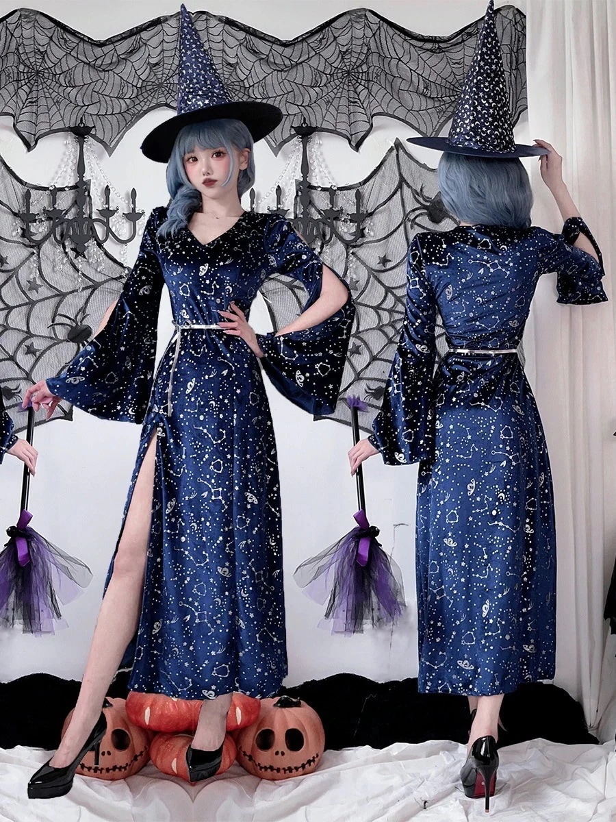 コスプレ ハロウィン 人気新作 レディース 制服 ポリス セットアップ 大人服魔法使い魔女スリット星空吸血鬼魔女コスプレコスプレコスプレコスプレロングスカート