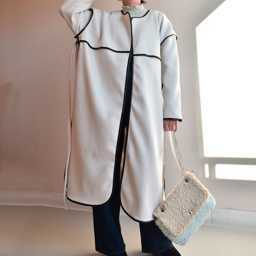 ノーカラーパイピングコート 無地 ガウンコート ロングコート k192