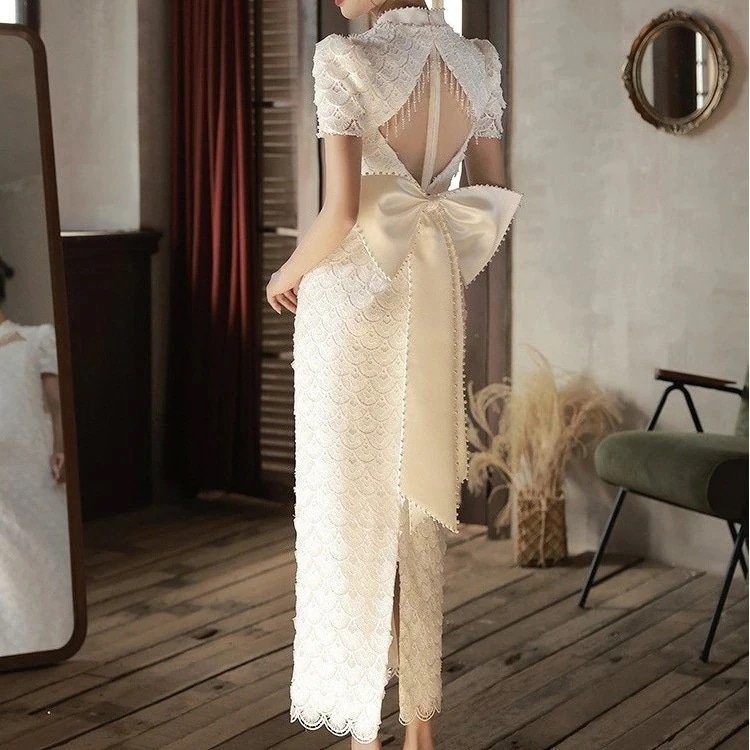 ワンピース ハンドメイド パール レース 高級感 結婚式　ドレス バックレス パーティードレス レディース ブライズメイド ドレス パーティー 結婚式 ドレス お呼ばれ 蝶結び