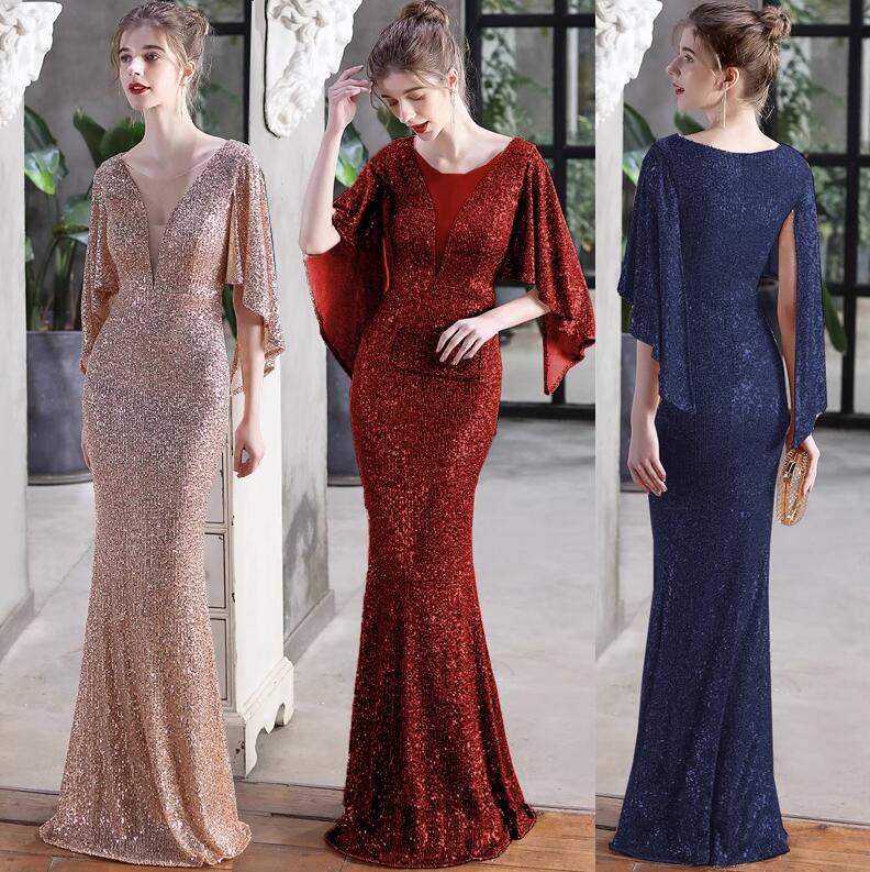 ワンピース マント ドルマンスリーブ ドレス マーメイドワンピース イブニングドレス パーティードレス レディース 五分袖 スパンコール キラキラ ロングドレス ナイトドレス 結婚式 二次会ドレス キ