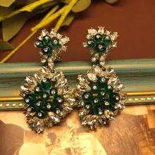 エレガントなヴィンテージグリーンエメラルドラインストーン埋め込みイヤリング魅力的なクラシックスタイルの中国本土からのダングルイヤリング