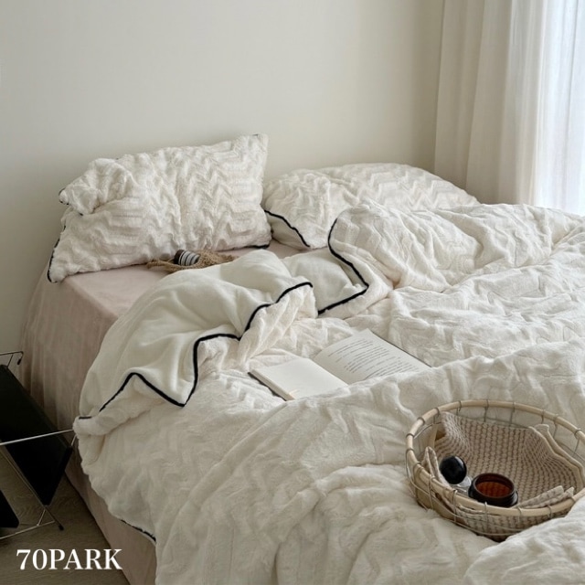 フェイクファー ウエーブ パイピング 冬用 布団カバーセット 全2サイズ ベッドカバー オールシーズン シングル ダブル クイーン ベッドリネン おしゃれ 韓国インテリア 韓国っぽ 70PARK