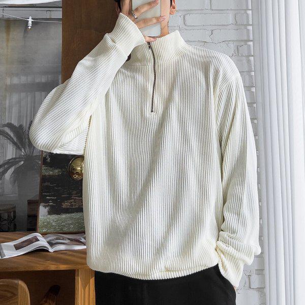 メンズ リブ編み ルーズフィット 裏起毛 ハーフジップ Tシャツ 5C-TSK-Q106-白