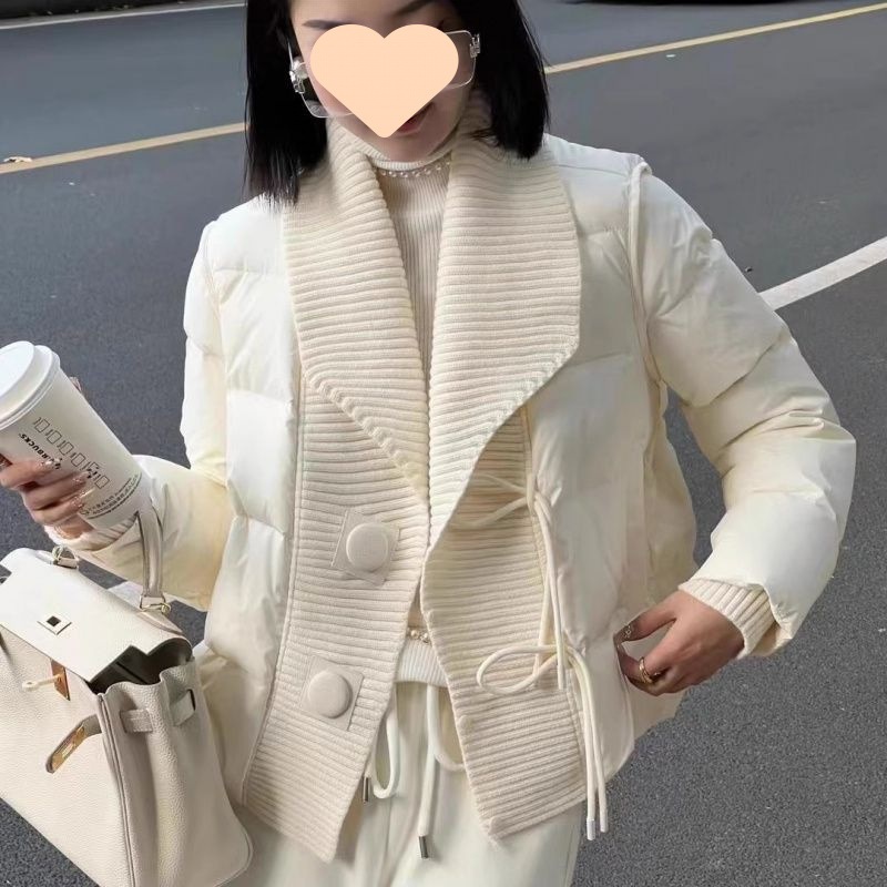 スタンドニットのパッチワーク大開襟白カモフラダウン女性用高級感ファッションコート 5,295円