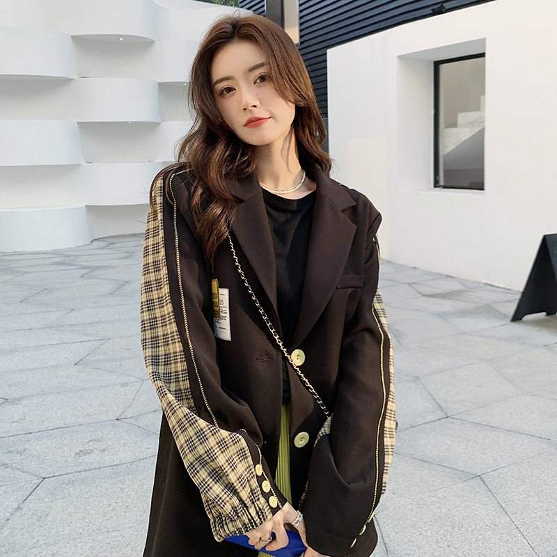 レディーススーツ黒トップス韓国カジュアルファッション長袖アウターチェック柄学院風ジャケット