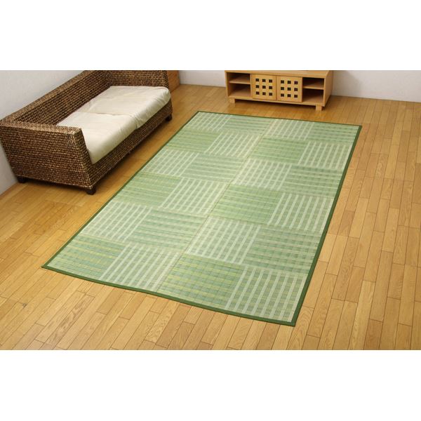 い草 花ござ/ラグマット (市松柄 グリーン 江戸間3畳 約174×261cm) 抗菌防臭効果 調湿機能 (リビング)