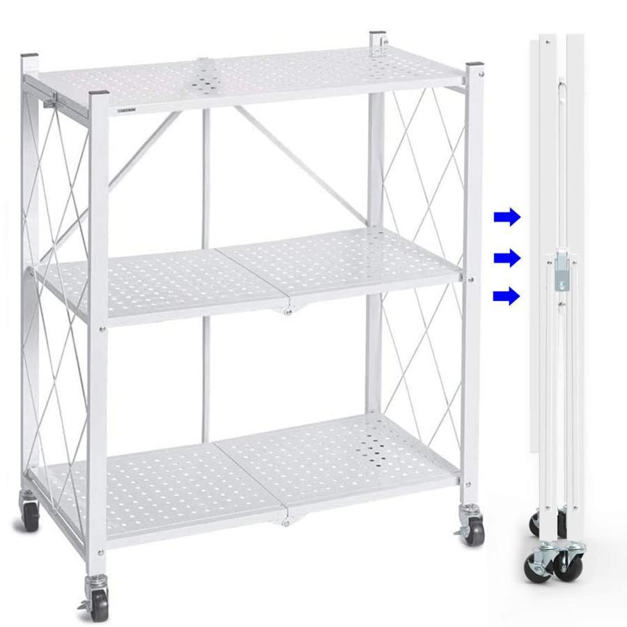 折りたたみラック 収納ラック 食器棚 レンジ台 キッチンラック ストッパー付きキャスター オープスチールラック コンパクト 防サビ 大容量 移動便利 折りた